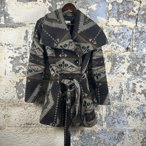 Coldwater Creek Aztec Patterned Belted Coat Jacket Brown Gray Women's Size M